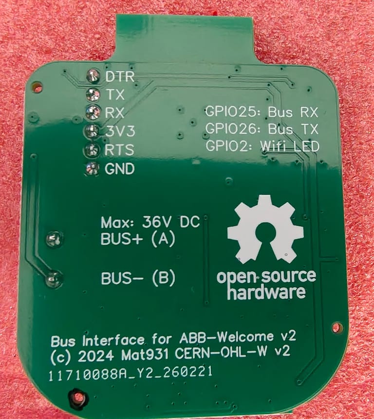 Back of the board with pin labels, GPIO25 Bus RX, GPIO26 Bus TX, the open-source hardware logo and Mat931's CERN-OHL licence.